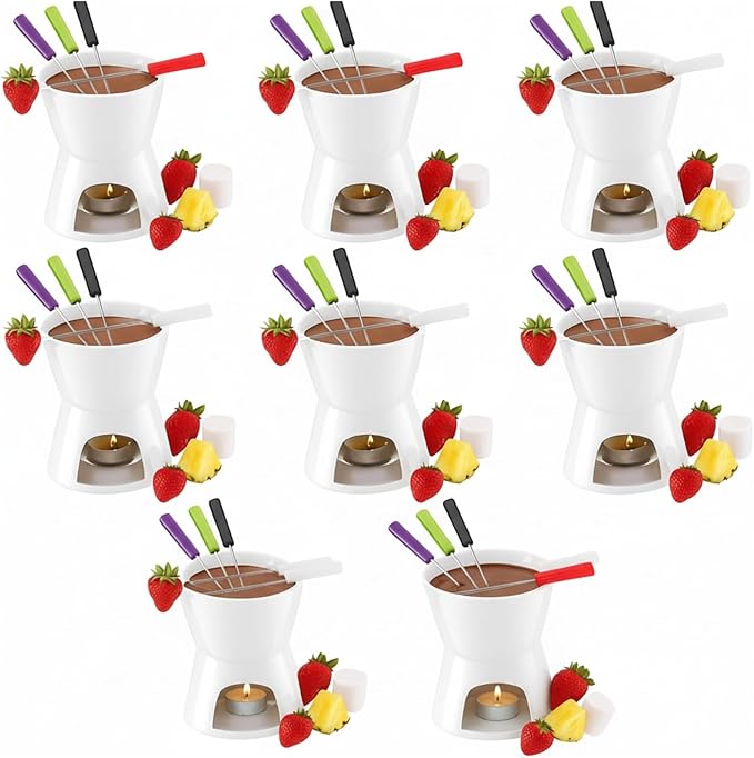 Mudder 8 Pcs Mini Fondue Pot Set with 32 Color Coded Forks Porcelain Tea Light Melting Mugs for Chocolate Cheese and Dessert Small Fondue Pot Set for Christmas Valentine's Parties Tapas Gifting