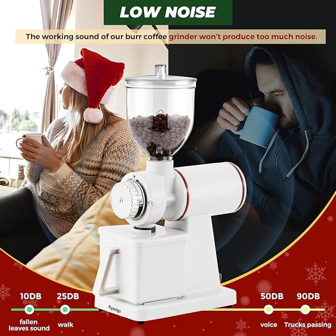 Burr Coffee Grinder Electric Espresso Grinder Commercial & Homeuse Silent Small Coffee Bean Grinder with Hopper Adjustable Grind, With Brush, Spoon, White