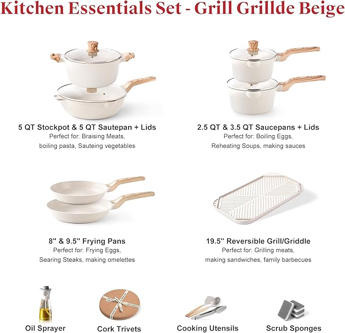 Caannasweis 20Pcs Cookware Sets, Nonstick Pots and Pans Set, Granite Induction Cookware, Non Stick Kitchen Cooking Set, Grayish White Grill Griddle Set, PFOS PFOA Free