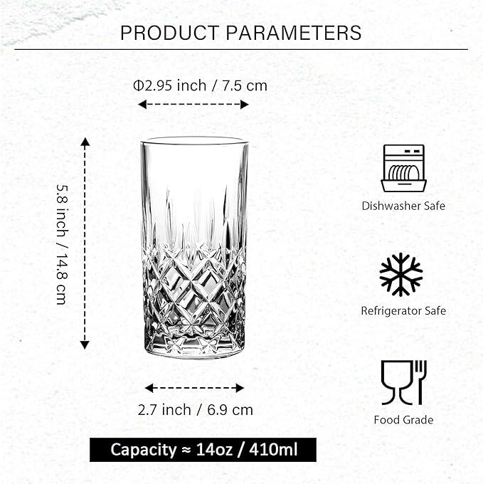 Highball Glasses Collins Tall Beverage Set of 6, 14 Ounce Cups Glassware for Drinks, Water, Beer, Soda