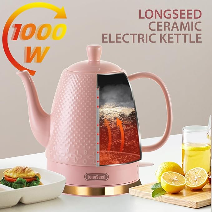 1.2 Liters Ceramic Electric Kettle Pot, Boil Water Quickly and Easily with Boil-Dry Protection, Auto Shut Off, Detachable Swivel Base, Graceful Gooseneck Teapot 1000W, Pink