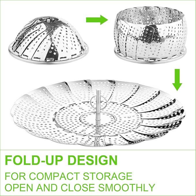 Vegetable Steamer Basket for Cooking, Stainless Steel Veggie Fish Food Steamer Basket, Folding Expandable Steamers to Fit Various Size Pot