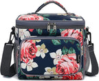 FlowFly Insulated Reusable Lunch Bag Adult Large Lunch Box for Women and Men with Adjustable Shoulder Strap,Front Zipper Pocket and Dual Large Mesh Side Pockets,Peony