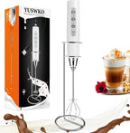 YUSWKO White Handheld Milk Frother Wand with Stand for Coffee, Rechargeable Electric Whisk with 3 Heads 3 Speeds Drink Mixer Coffee Frother For Latte, Cappuccino, Hot Chocolate, Egg