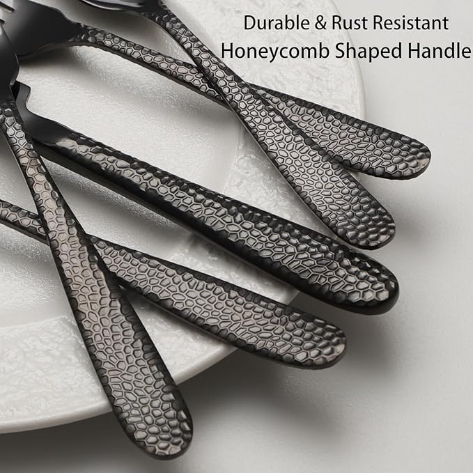 Black Hammered Silverware Set, 40 Piece Stainless Steel Heavy Duty Flatware Set for 8, Food-Grade Tableware Cutlery Set for Home Restaurant, Mirror Polished, Dishwasher Safe