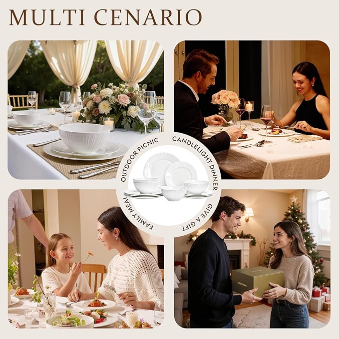 KINGSTONE Bone China Dinnerware Set, 12-Piece White Lightweight Porcelain with Textured Design Service for 4, Plates, Bowls, for Family Dining, Restaurants, Gifting，Microwave and Dishwasher Safe