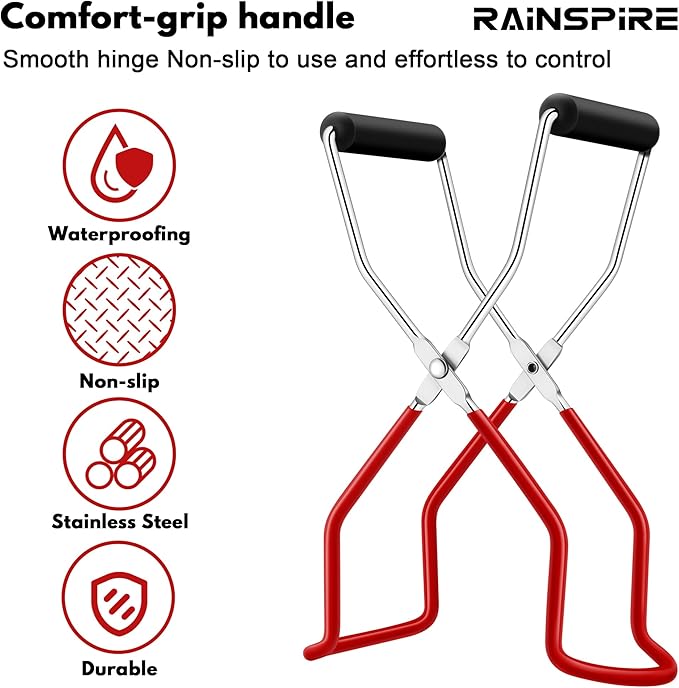 Rainspire Canning Jar Lifter, Canning Tongs Jar Lifter, Canning Tools, Canning Supplies for Home Kitchen, Stainless Steel, Red