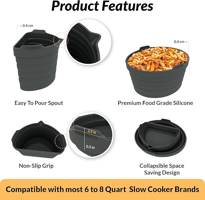 PREMIUM QUALITY: Tasmai 3 Pack, Crock pot liners, 4-8 Quart Slow Cooker Liners, Reusable Silicone crockpot liner, Crockpot liner, Crock pot divider, Crockpot divider insert (6 Quart (Gray))