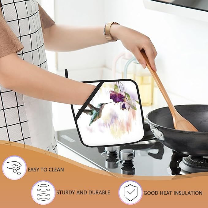 2 Pack Groovy Hummingbird Flowers Pot Holders for Kitchen Heat Resistant, Potholders for Kitchens Washable for Cooking & Baking & Microwave