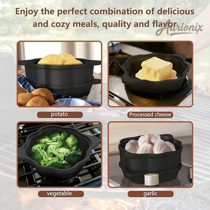 Cast Iron Sauce Pan with Steamer Basket & Lid three-ply, Cast Iron Steamer for Cooking Set, Butter Melting Pot, Garlic Roasters, Food pretreatment for Stovetop, Grilling & Camping