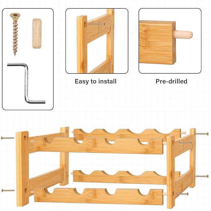 VASMIA Wine Rack, 2-Tier Bamboo Wine Racks Countertop Cabinet Wine Holder Wine Storage Shelf for Pantry Kitchen Bar, Natural