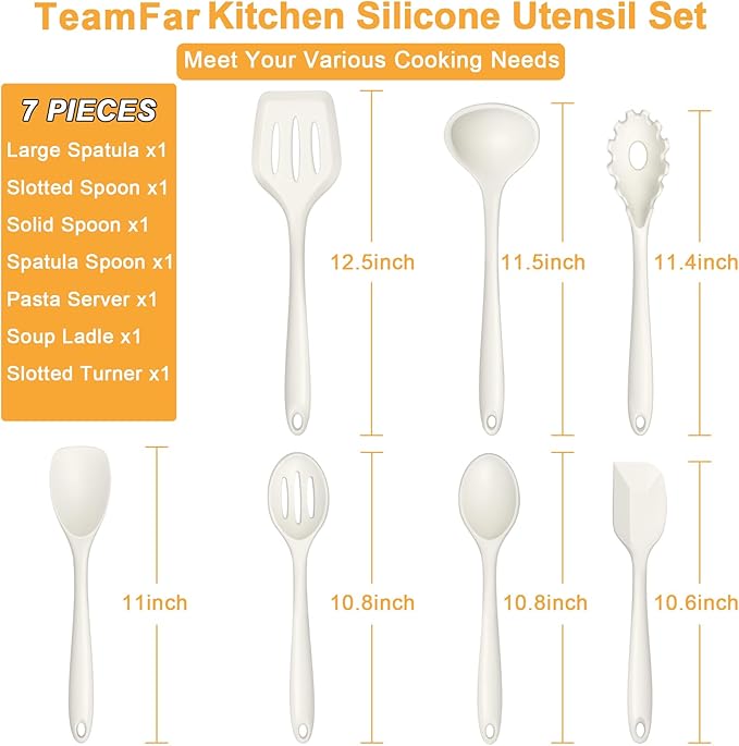 TeamFar Silicone Cooking Utensils Set, 7-Piece Heat Proof Kitchen Utensils Set, Kitchen Tools Spatula Turner Ladle Spoon Pasta Fork for Nonstick Cookware, Non-Toxic & Dishwasher Safe, White