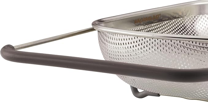 Rachael Ray Tools and Gadgets Over-The-Sink Colander/Strainer for Pasta, Fruits, Veggies, Expandable Silicone Grips, Dishwasher Safe, 4.5 Quart, Stainless Steel with Gray Handles