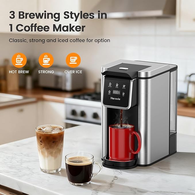 Single Serve Coffee Maker for K-Cup Pod and Grounds, Hot and Iced Coffee Maker, 6 to 14oz Brew Sizes, 50oz Removable Reservoir, Strong Button Feature, Fit 6.5" Mugs, Stainless Steel, Black