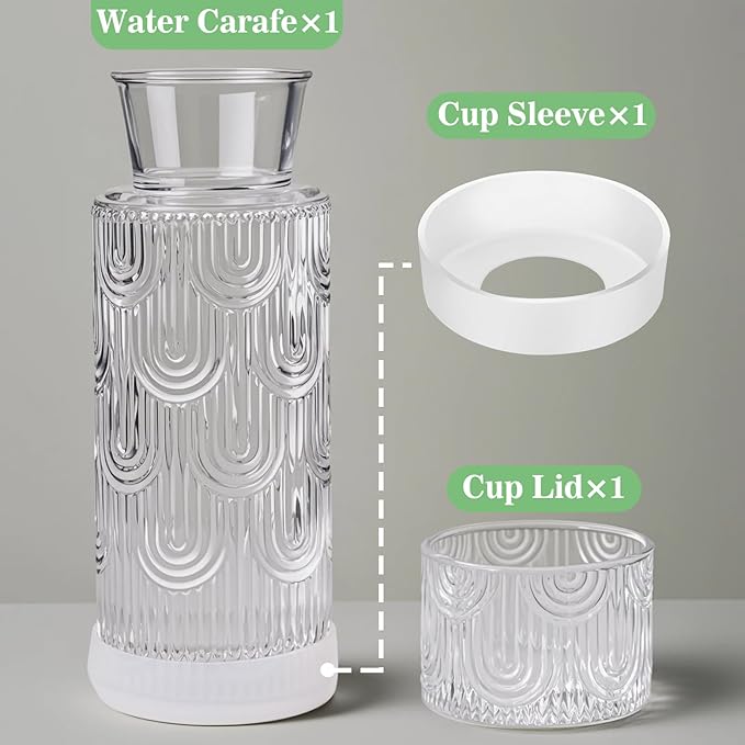 Bedside Water Carafe and Glass Set, 21.6oz Water Carafe with 6oz Glass Cup with Lid, Clear