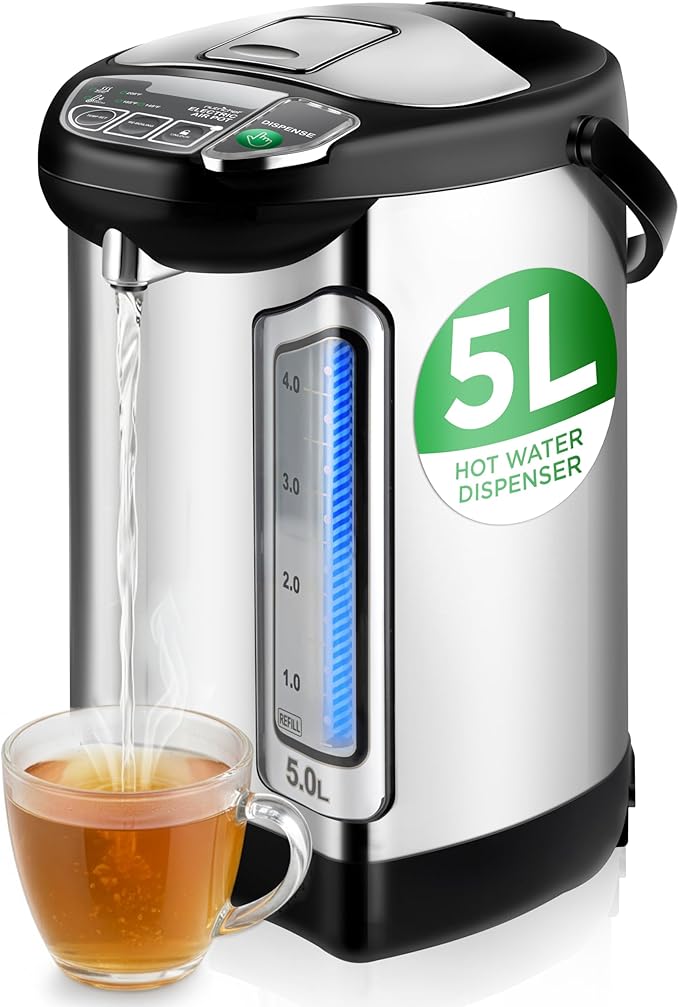 NutriChef Electric Water Boiler and Warmer - 5L/5.28 Qt Stainless Steel Hot Water Dispenser w/Rotating Base, Keep Warm Temperature Set, Auto Shut Off, Safety Lock, Instant Heating for Coffee & Tea