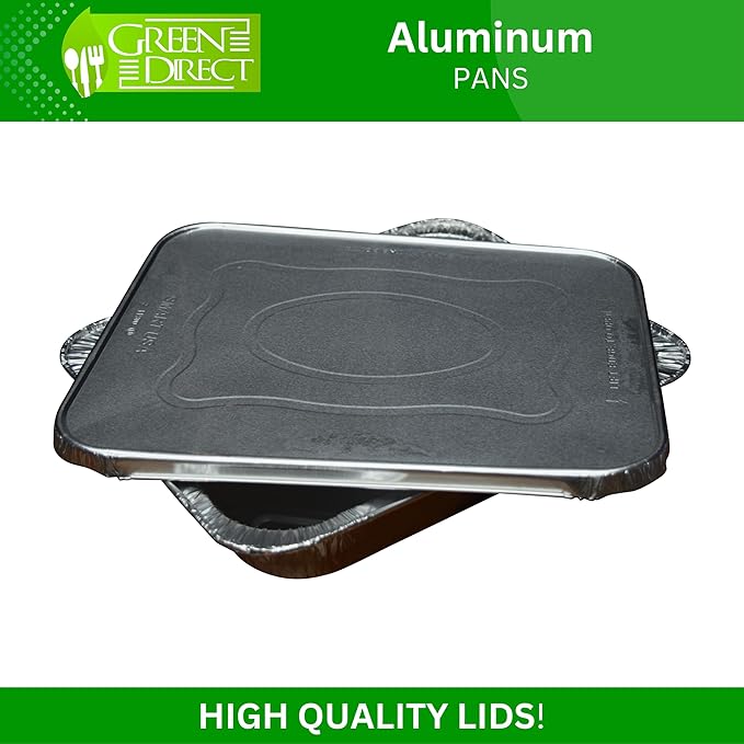 Green Direct Disposable Aluminum Foil Baking Pans with Lids 9x13 Inch | Heavy Duty Half Size Roasting Pan for Oven, Freezer, or Catering Use - for Cooking, Baking & Food Storage (10-pack)