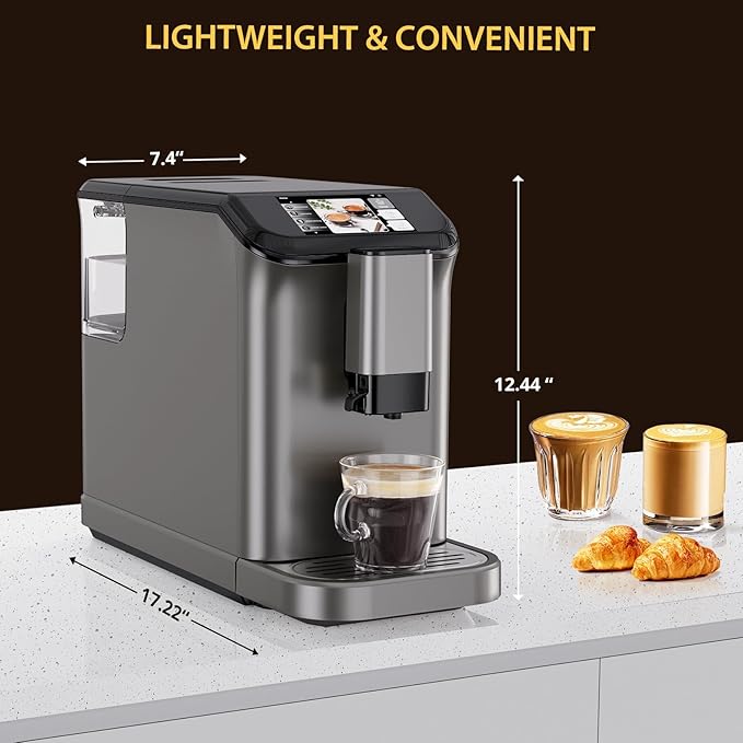 Garvee Fully Automatic Espresso Machine with Built-In Grinder and Milk Frother, 4-Beverage Cappuccino and Latte Maker with Intuitive Touch Display, Gunmetal Finish