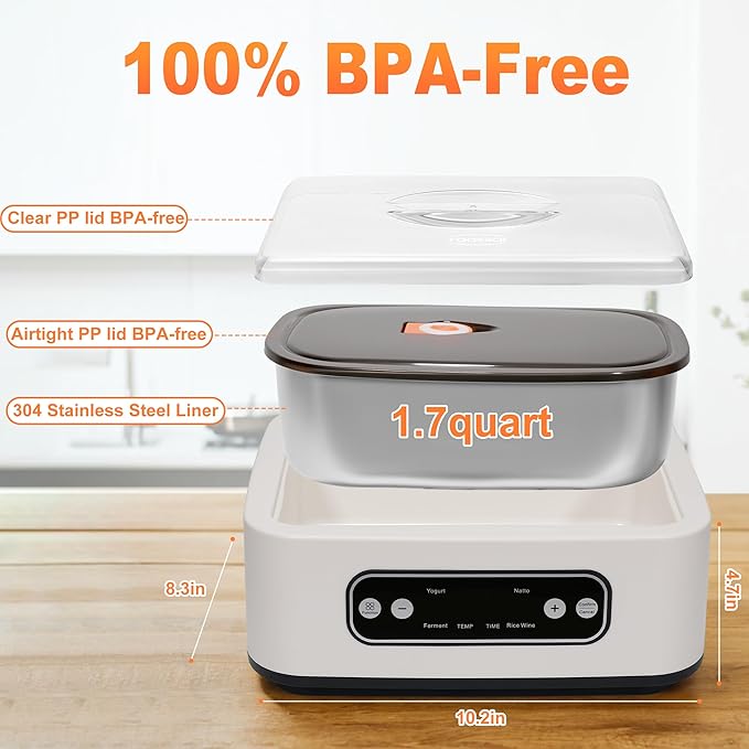 1.7-Quart Yogurt Maker with Adjust Temp(21°C-48°C/70°F-118°F) & Time(1-99h),110V-240V Auto-adaptive,Steel Inner Pot,BPA-free,Celsius Increment,Real-Time Countdown LED Display (Without GLass Jars)