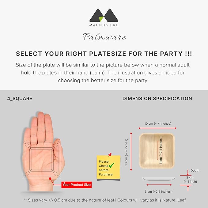 | 4" Square Palm Leaf Plates (50 Pcs) Disposable Plate Bamboo Like Party Pack, Compostable & Biodegradable Plate for Desserts, Eco Friendly Alternative to Plastic Bowl Paper Plates