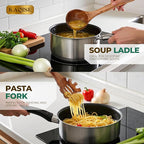 Wooden Spoons for Cooking, 2PCS Natural Teak Wooden Utensils, NonStick Kitchen Utensils Set for Stirring,Serving Spaghetti, Soup, Sauce (Ladle & Pasta Fork)