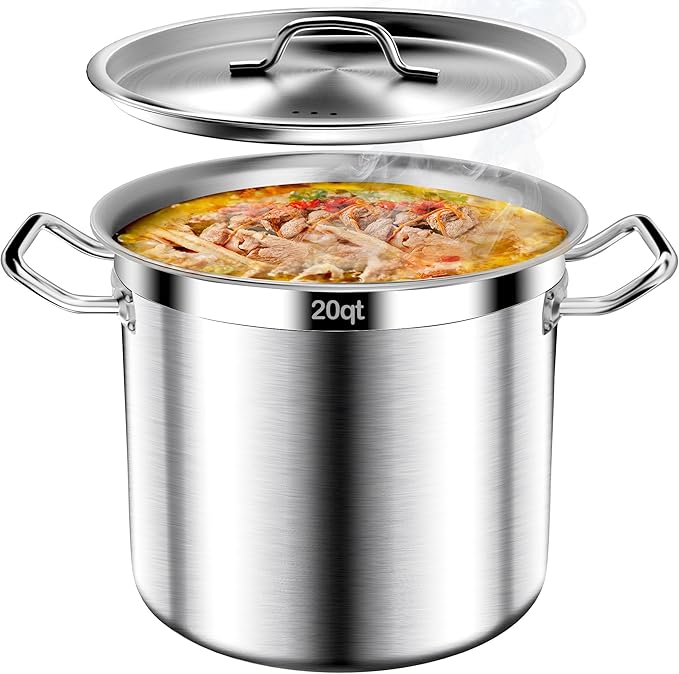 Stainless Steel Stock Pot，20QT Large Stock Pot with Lid for Boiling Cooking Soup Stew Canning, Heavy Duty Tri-Ply Bottom for Boiling Cooking Soup Stew Canning Cooking Pots, Cookware Sauce Pots