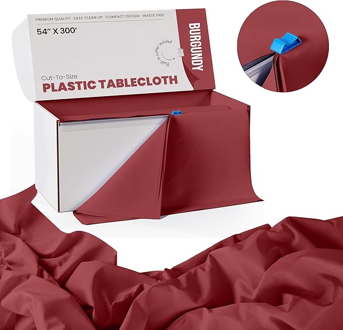 Exquisite Party Solids 54 Inch X 300 Feet Burgundy Plastic Table Cover Roll in A Cut - to - Size Box with Convenient Slide Cutter. Cuts Up to 36 Rectangle 8 Feet Plastic Disposable Tablecloths