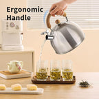 18/8 Stainless Steel Tea Kettle for Stovetop (2L / 2.1 Quart Whistling Tea Pot, Wood Handle)-Silver