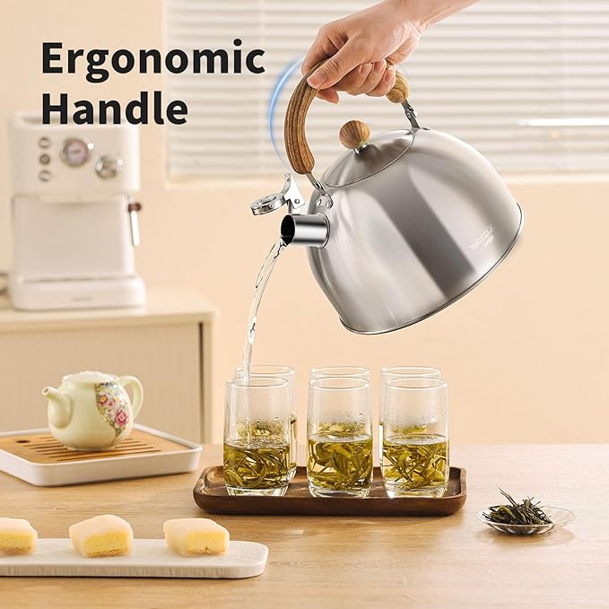 18/8 Stainless Steel Tea Kettle for Stovetop (3L / 3.17 Quart, Whistling Tea Pot, Wood Handle)-Silver