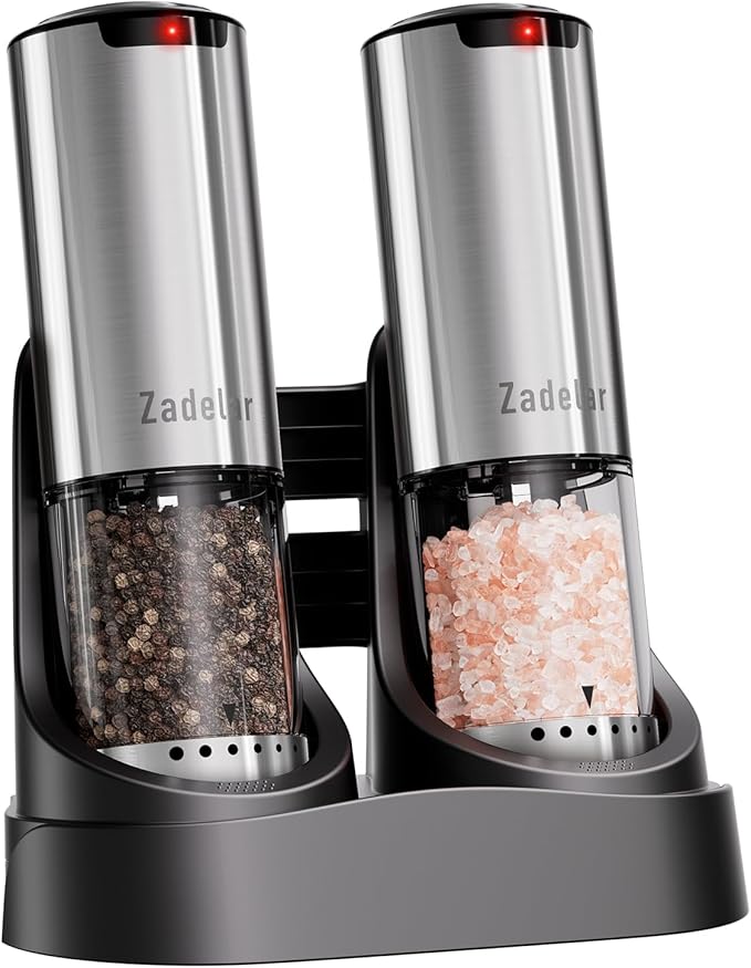 Electric Rechargeable Salt and Pepper Grinder Set,Automatic Pepper Mill Grinder with USB C Charging Dock,Upgraded 95ml Large Capacity,Adjustable Coarseness,LED Light,Stainless Steel