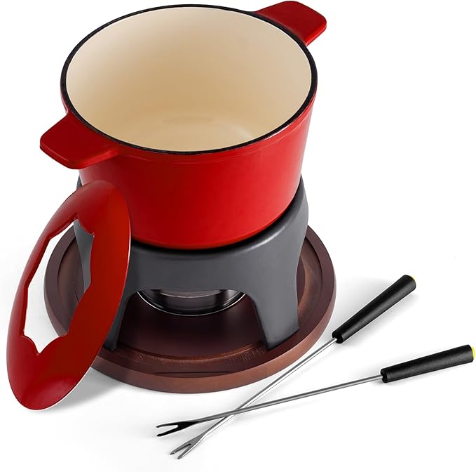 Swissmar Sierra Cast Iron Fondue Set, 1.6 Quart / 1.6 Liter – Perfect for Meat, Cheese, & Chocolate Fondues – Ideal for Family Bonding & Hosting Gifts - 12-Pieces, Cherry Red