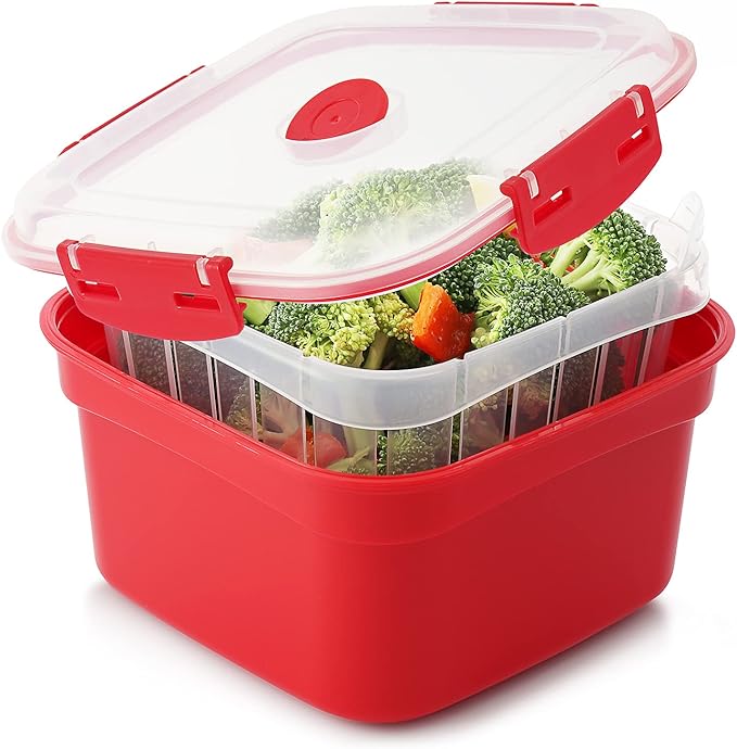 3 Piece Microwave Steamer Basket with Removable Strainer - 2 Liter Microwave Staemer for Vegetables, Broccoli & Fish - BPA Free Veggie Steamer with Airtight Locking Lid