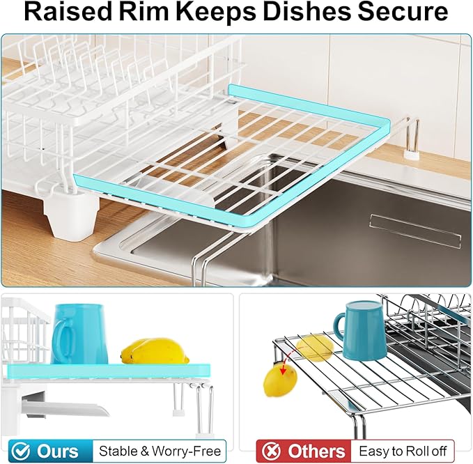 GSlife Extendable Dish Drying Rack - Large 2-in-1 Dish Racks for Kitchen Counter and Over Sink, Anti-Rust Dish Drainer with Drainboard, 2 Pan Slots and Utensil Holder, White
