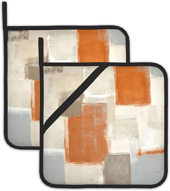 2 Pack Orange and Grey Pot Holders for Kitchen Heat Resistant, Abstract Art Painting Potholders for Kitchens Washable for Cooking & Baking & Microwave