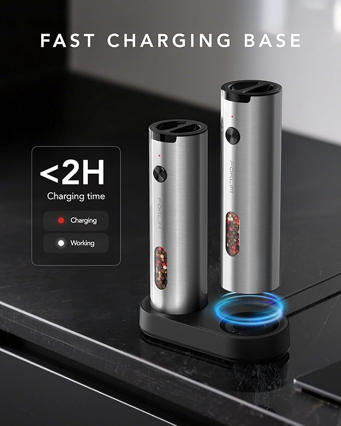 FORLIM Electric Salt and Pepper Grinder Set Rechargeable, Auto Salt and Pepper Grinder set with Charging Base, Adjustable Coarseness, LED Light, Automatic Salt Grinder Refillable,Pepper Shakers Set