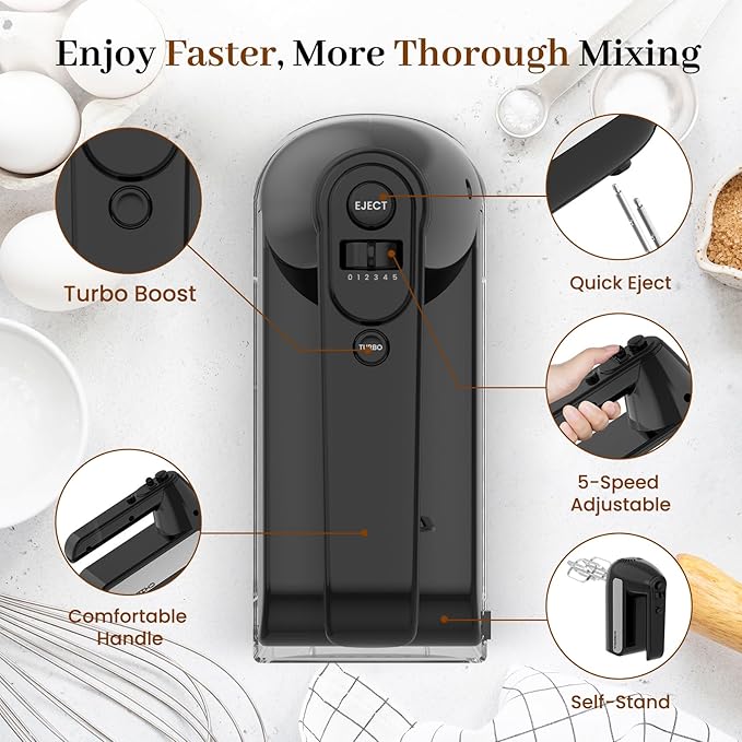 5-Speed Electric Hand Mixer, 800W Handheld Mixer with Turbo for Baking & Cooking, Kitchen Food Mixer with Storage Case & 6 Stainless Steel Attachments (2 Beaters, 2 Dough Hooks, 2 Whisks)-Black