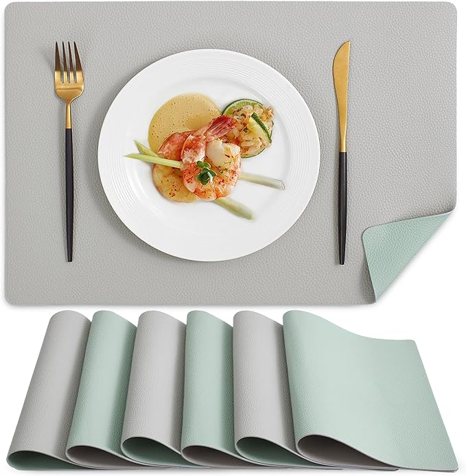 MOSAYT Vinyl Placemats Set of 6, Heat Resistant Place Mats 100% Waterproof Washable & Wipeable Faux Leather Reversible Table Mats for Kitchen Dining Party Outdoor, 12" x 17", Light Grey/Aqua