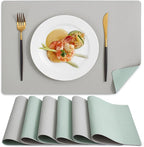 MOSAYT Vinyl Placemats Set of 6, Heat Resistant Place Mats 100% Waterproof Washable & Wipeable Faux Leather Reversible Table Mats for Kitchen Dining Party Outdoor, 12" x 17", Light Grey/Aqua