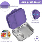 Stainless Steel Bento Lunch Box for Kids | 3-Compartment Lunch Box Container Kids | 100% Leakproof, Dishwasher-Safe, Eco-Friendly, Perfect Portion Control for Kids&Adult Healthy Meals (Purple)