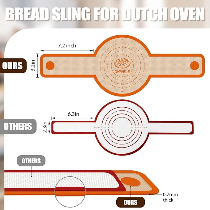Silicone Bread Sling for Dutch Oven, Non-Stick & Easy to Clean Bread Baking Mat Set, 2 Pcs Reusable Bread Sling with Long Handle to Transfer Sourdough