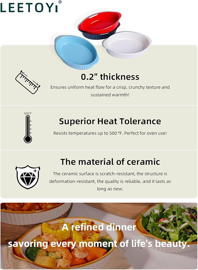 LEETOYI Porcelain Small Oval Au Gratin Pans, Baking Dish Set for 1 or 2 person servings, Bakeware with Double Handle for Kitchen and Home, Set of 2 (Red)
