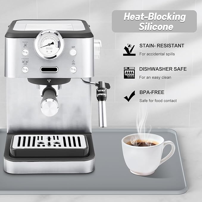 Silicone Coffee Mat,24"×16" Waterproof Heat Resistant Bar Mat for Espresso Machine Station Accessories,Non Slip Dish Drying Mat for Kitchen Counter,Home Decor Essentials,Grey