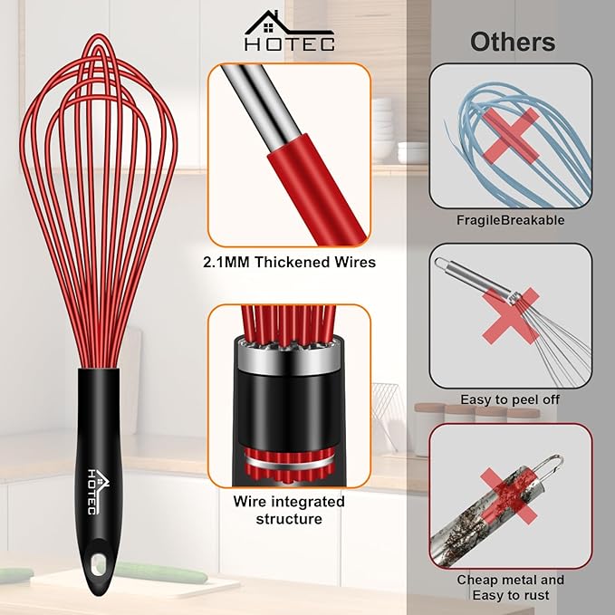 HOTEC 4 Pieces Silicone Whisks Set, Wire Balloon Whisks Egg Beater, Non-slip Handle Whisk for Non-stick Cookware Perfect for Cooking, Stirring, Beating and Blending (Red)