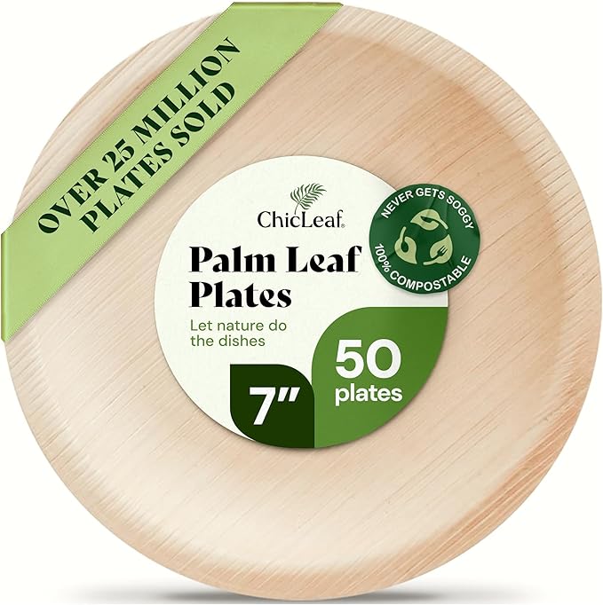 Chic Leaf Palm Leaf Disposable Bamboo Plates - Palm Leaf Plates for Weddings & Event Appetizers - Biodegradable & Compostable - Party Supplies (7", 50 Pack)