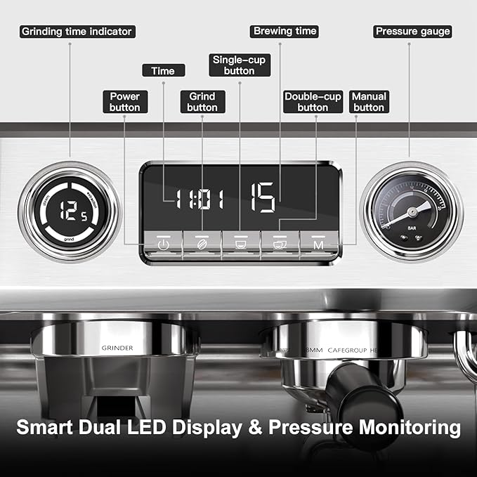 Kismile Dual Boiler Espresso Machine with Grinder, 20 Bar Espresso Maker with Milk Steamer & Hot Water, Dual LED Display, Pressure Gauge, Burr Grinder, coffee Machine for Home&Office, Stainless Steel