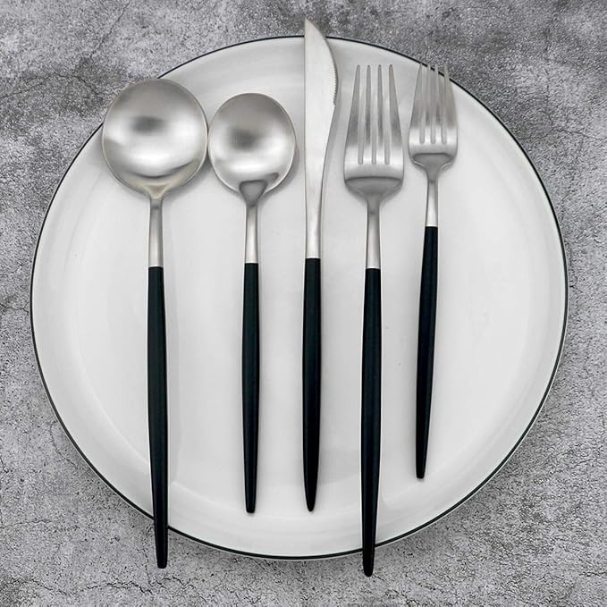 Gugrida Black Handle Matte Silver Silverware Set - 5-Piece 18/10 Stainless Steel Satin Finish Flatware, Kitchen Utensils, Tableware Travel Cutlery for Camping Office Lunch - Dishwasher Safe