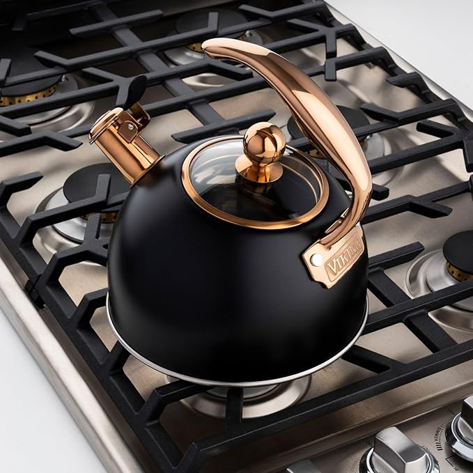 Viking 3-Ply Stainless Steel Tea Kettle, 2.6 Quart Stovetop Hot Water Pot with Tempered Glass Lid, Ergonomic Handle, Induction Ready, Mirror Finish