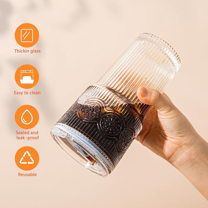 20oz Ribbed & Floral Glass Tumbler Set of 4 – Reusable Glass Cups with Lid and Glass Straw, To-Go Iced Coffee Cups for Water, Smoothie, Milk, Cocktail & More – Perfect for Daily Use & Travel
