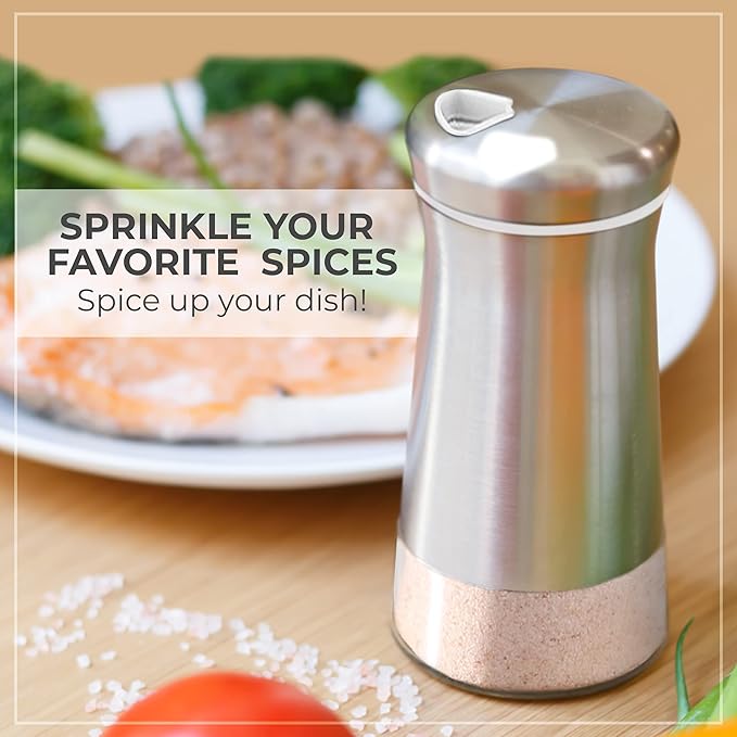 Salt Shaker or Pepper Shaker with Adjustable Pour Holes - Elegant Stainless Steel Spice Dispenser - Perfect for Himalayan, Table Salt, White and Black Pepper (Salt Shaker)