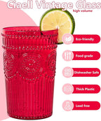 Ciaell 12 Pack Romantic Plastic Water Glasses - 14 Oz Red Vintage Drinking Glasses, Embossed Ribbed Plastic Cups, Textured Striped Set for Juice, Beverages, Beer, Cocktail, Christmas